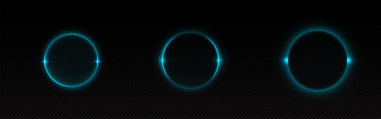 Wall Mural - blue light eclipse. abstract space flare glow. moon ring or sunrise neon edge with sparkle on orbit.