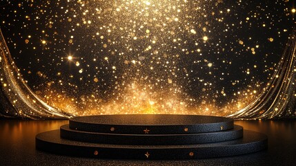 Poster - Podium stage Gold black display for award or products with background glitter lighting, 4k image