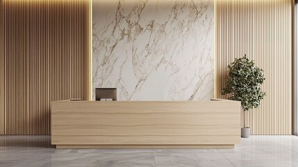 Wall Mural - A luxury, modern reception area in a beauty salon with beige wood paneling on the walls and a white marble counter, designed for a medical clinic interior