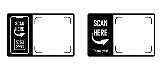 QR code scan here black frame. Qr code, barcode, scan me, printable scan here sticker template. Vector illustration on transparent png background.