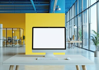 Fototapete - Modern open-plan office interior with a white concrete floor, glass walls, and wooden furniture. On the table is a computer monitor mockup with a blank screen