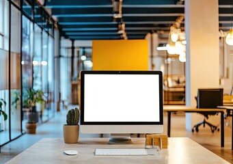 Fototapete - Modern open-plan office interior with a white concrete floor, glass walls, and wooden furniture. On the table is a computer monitor mockup with a blank screen