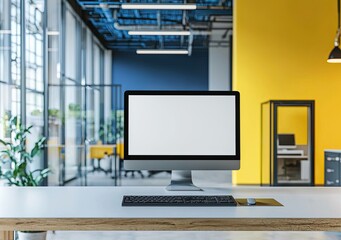 Fototapete - Modern open-plan office interior with a white concrete floor, glass walls, and wooden furniture. On the table is a computer monitor mockup with a blank screen