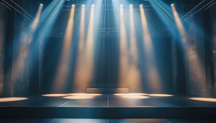 Poster - A clean and minimalist dance stage, with soft, warm lighting illuminating the stage floor, creating a serene atmosphere. Modern and elegant stage design.