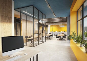 Fototapete - Modern open-plan office interior with a white concrete floor, glass walls, and wooden furniture. On the table is a computer monitor mockup with a blank screen