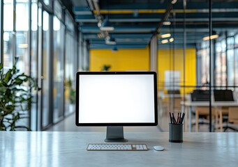 Fototapete - Modern open-plan office interior with a white concrete floor, glass walls, and wooden furniture. On the table is a computer monitor mockup with a blank screen