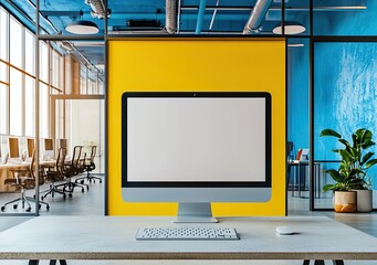 Fototapete - Modern open-plan office interior with a white concrete floor, glass walls, and wooden furniture. On the table is a computer monitor mockup with a blank screen