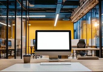 Fototapete - Modern open-plan office interior with a white concrete floor, glass walls, and wooden furniture. On the table is a computer monitor mockup with a blank screen
