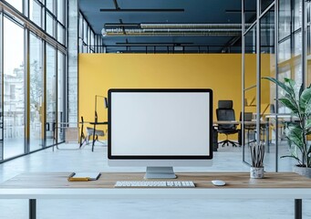 Fototapete - Modern open-plan office interior with a white concrete floor, glass walls, and wooden furniture. On the table is a computer monitor mockup with a blank screen