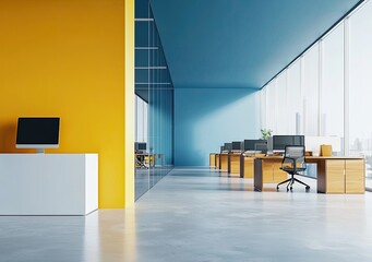 Fototapete - Modern open-plan office interior with a white concrete floor, glass walls, and wooden furniture. On the table is a computer monitor mockup with a blank screen