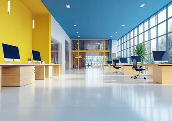 Fototapete - Modern open-plan office interior with a white concrete floor, glass walls, and wooden furniture. On the table is a computer monitor mockup with a blank screen