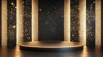 Poster - Podium stage Gold black display for award or products with background glitter lighting, 4k image