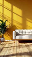 Wall Mural - sunlight streams through a window, casting long shadows on a white couch and wooden floor