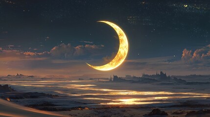 Wall Mural - A majestic golden crescent moon illuminates a vast desert landscape under a starry sky at twilight