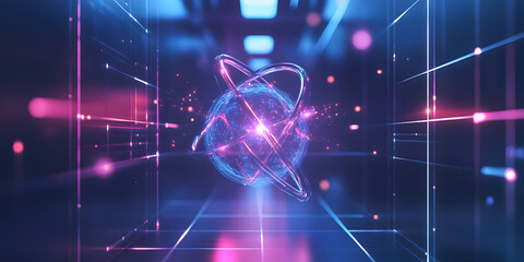 Poster - Neon Glowing Sphere in Abstract Technology Tunnel 
