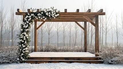 Poster - Wooden Arbor with White Roses and Snow Covered Ground