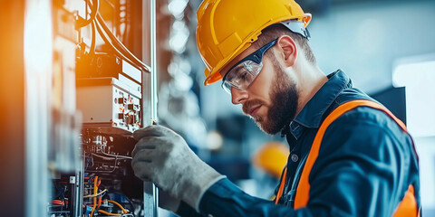 Aufkleber - engineer wearing yellow hard hat and safety glasses works on electrical equipment, showcasing focus and precision in industrial setting