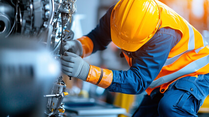 Aufkleber - engineer in hard hat and safety vest works on machinery, focusing intently