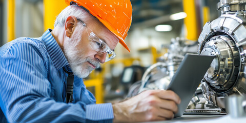 Aufkleber - engineer in hard hat and safety glasses examines machinery with tablet, focusing intently in industrial setting