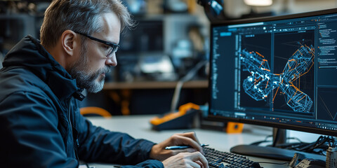 Aufkleber - engineer focused on designing complex mechanical structure on computer screen in modern office. workspace is equipped with advanced technology and tools, reflecting innovation and precision