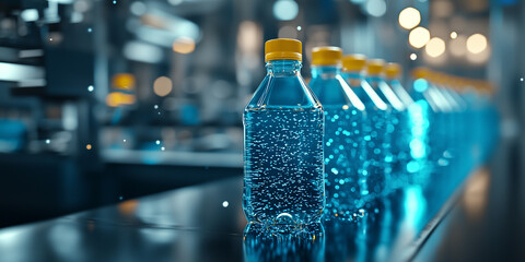 Poster - row of plastic bottles with yellow caps is lined up on conveyor belt in factory setting, highlighting efficiency of production process
