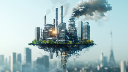 Poster - futuristic cityscape features floating industrial complex with smokestacks emitting smoke, surrounded by modern skyscrapers and greenery, symbolizing innovation and environmental challenges
