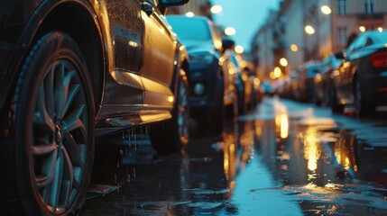 Wall Mural - A row of cars parked on a street. Wet asphalt after rain.