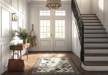 Poster - Elegant white hallway with wooden floor, a patterned rug, a wooden console table with a leather bag, a white door with glass panels, a black handrail, and a wooden staircase.