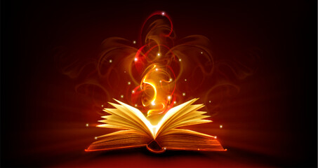 Open magic book with fire light. Fantasy flame bible. Burning fairytale or spell literature for education. 3d mystic glow design with dust and glitter. Realistic handbook with legend and wisdom