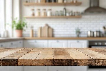 Aufkleber - Close-up of a rustic wooden tabletop with a blurred background of a modern kitchen.