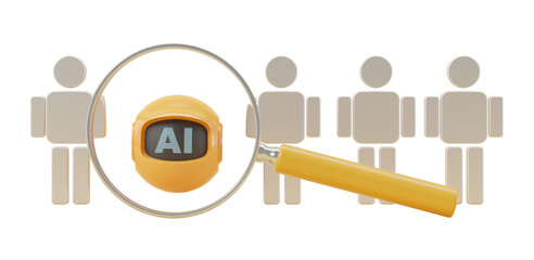 Poster - Magnifying glass highlighting AI among humanoid figures, isolated on white background. Concept of artificial intelligence. 3D Rendering