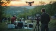 © HuynhThiThuy - A filmmaker using a high-end drone for an outdoor movie shoot, drone capturing dynamic aerial shots, scene set in a picturesque landscape, crew watching monitor screens, cinematic lighting,