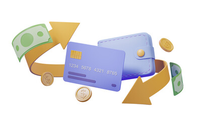 Poster - Digital wallet, credit card, coins, arrows, and cash against white background. Concept of online transactions and finance. 3D Rendering