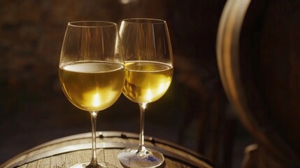 Poster - Two wine glasses on a wooden barrel
