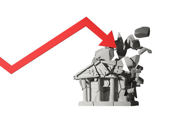 Poster - Crumbling bank building hit by descending red arrow on white background, symbolizing financial crisis. 3D Rendering