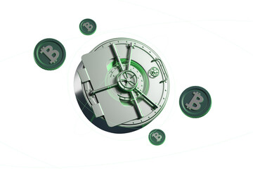 Poster - Bitcoin vault and coins floating on white background, metallic design, concept of cryptocurrency security, 3D Rendering