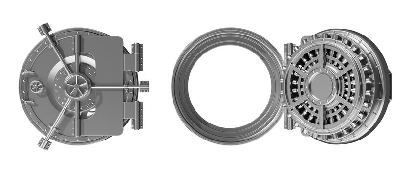 Closed and open bank vault doors on a white background, showcasing metal details and locking mechanisms. Concept of security. 3D Rendering