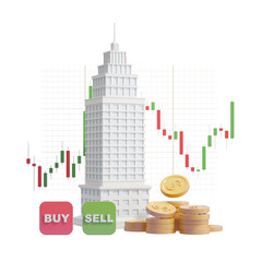 Poster - Building with candlestick chart, buy/sell buttons, and coins on white background. Concept of trading and investment. 3D Rendering