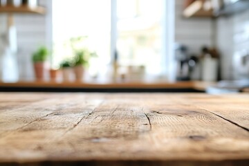 Aufkleber - A close-up shot of a rustic wooden table top with a blurred kitchen background.