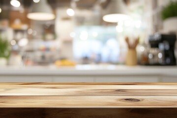 Aufkleber - Wooden tabletop with blurred background of a kitchen.