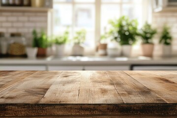 Aufkleber - Wooden table top with blurred kitchen background.