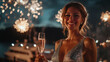 © LomaPari2021 - A beautiful Caucasian woman in an elegant silver sequin dress, holding a champagne glass and toasting under fireworks lighting up the night sky as she celebrates New Year 2025