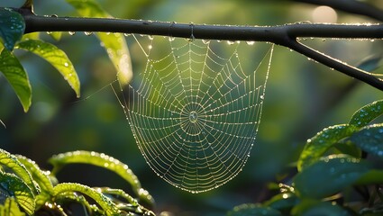 Close-Up of Dew-Covered Spider Web Illuminated in Natural Light Creating an Intricate Nature Pattern