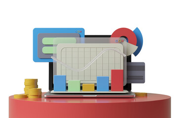 Poster - Financial data visuals with charts, coins, and graphs on a laptop. Minimalist style. White background. Concept of analytics. 3D Rendering