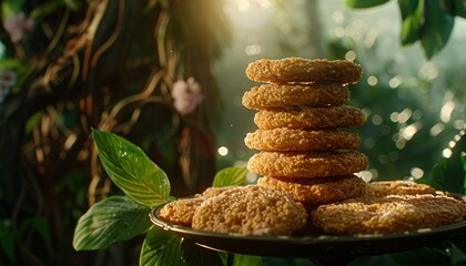 A stack of freshly baked oatmeal cookies on a plate in a lush green jungle setting with sunbeams shining through the leaves.