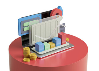 Poster - 3D illustration of financial analysis tools on a laptop with colorful graphs and coins on a red platform. Concept of finance and data. 3D Rendering.