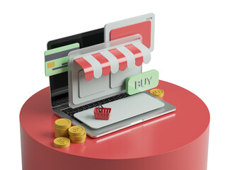 Poster - 3D rendered laptop with online shopping elements, coins, and a shopping cart on a red pedestal. E-commerce concept. 3D Rendering