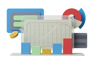 Poster - 3D graph and chart elements in colorful blocks on a white background, illustrating financial and data concepts. 3D Rendering