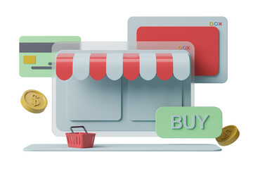 Poster - Online shopping elements, including credit card, shopping cart, and buy button, on an isolated white background. 3D rendering