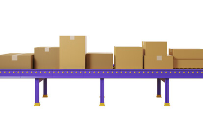 Poster - Cardboard boxes on a purple conveyor belt, isolated on a white background. Concept of logistics and shipping. 3D Rendering